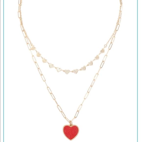 NEW Two Layered Druzy Heart Pendant Necklace in Matte Gold - Picture 2 of 6